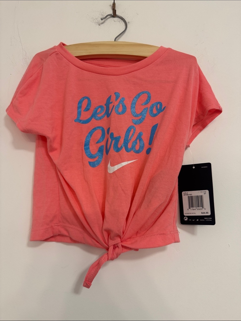 Nike Coral Tie-Front Girls' Tee with Blue Glitter Graphic